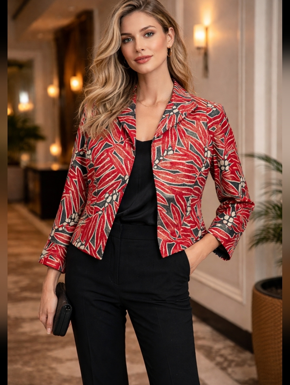 La FAYETTE 148 Red Floral Pattern Cropped Women's Jacket